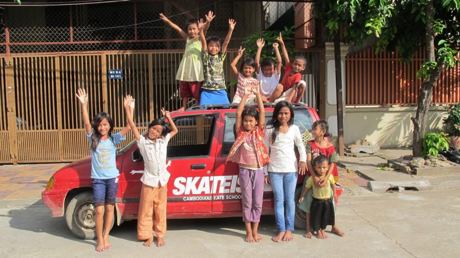 Early days Skateistan Cambodia (kids in front of car)